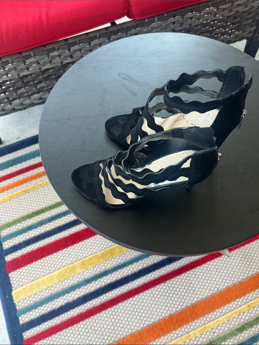Jessica Simpson Black Wavy Strap Suede Heels